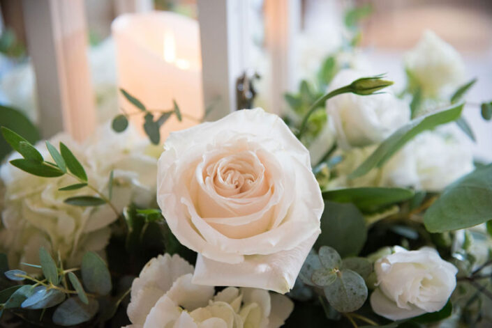 An arrangement of white roses and eucalyptus.