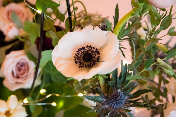 Anemones and thistles in a glass vase.