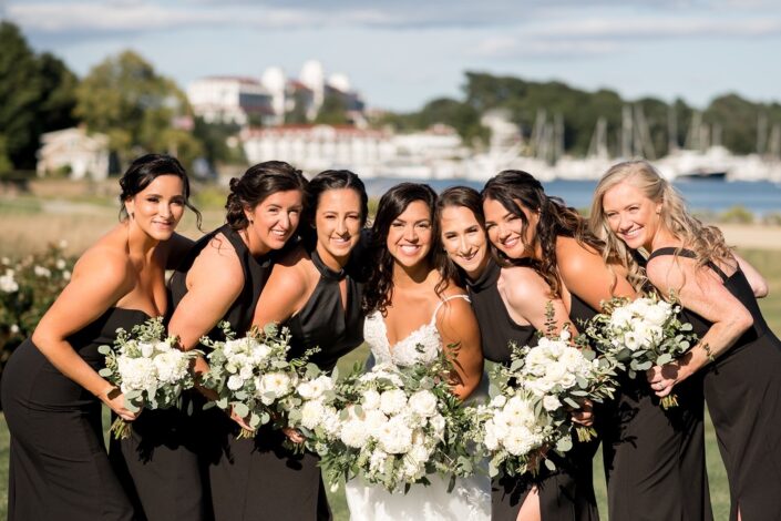 Bridesmaids with Black Dress with Florals